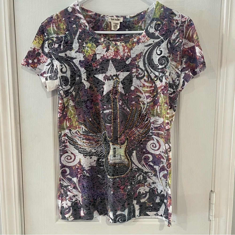 Love Rocks Women's Graphic Guitar Tee - With Raised Appliqué. Y2K Size XL